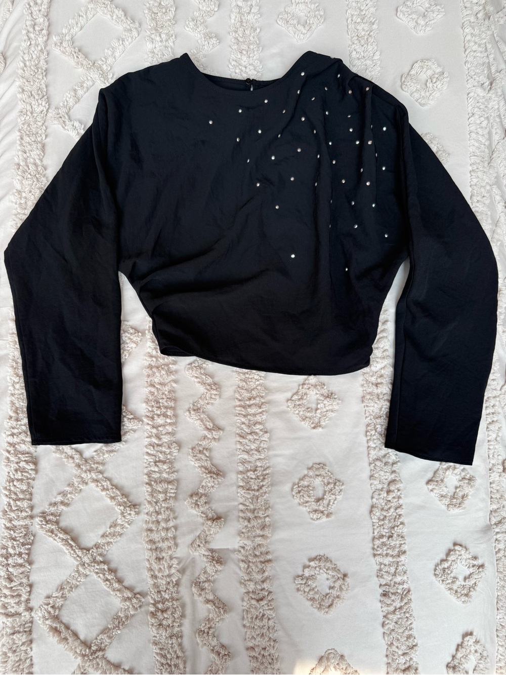 Zara Black Long-Sleeve Cropped Tee with Crystal Accents